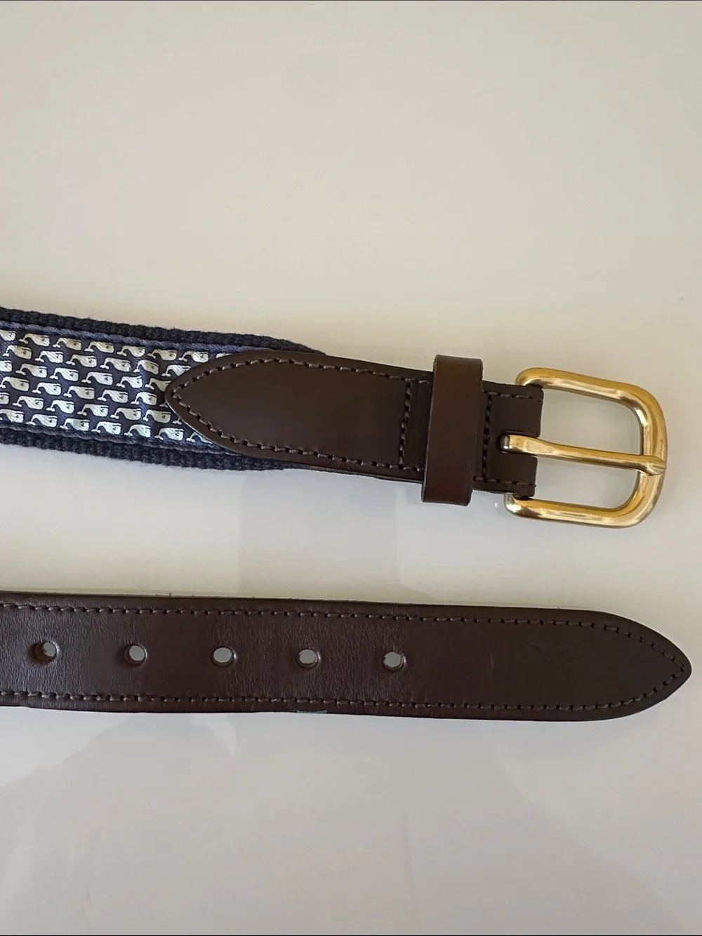 Vineyard Vines Navy Whale-Print Webbing Belt with Brown Leather Trim Size 30